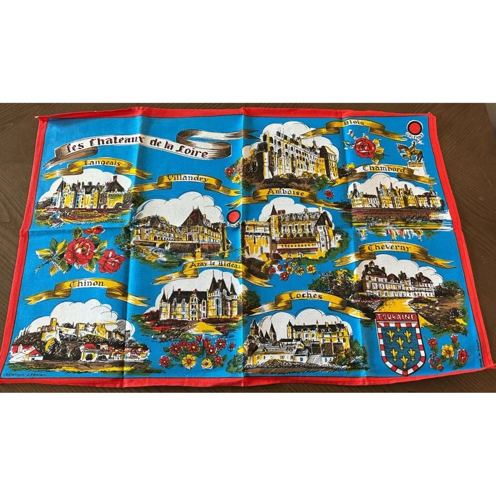 Vintage Creation J. Franco France Chateaux de la Loire Cotton Tea Towel Tour Map